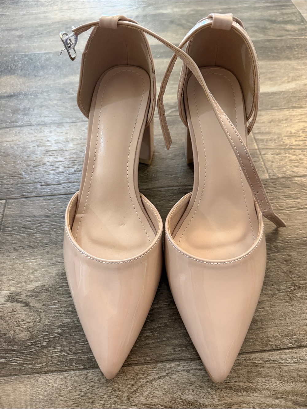 Nude Pointed Toe Ankle Strap Block Heel Pumps